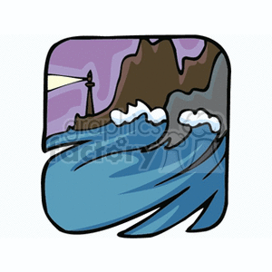 Waves crashing into rocks with lighthouse