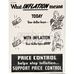 A clipart image illustrating the impact of inflation on purchasing power. The image shows two panels: the first panel indicates that 'Today' your dollar buys more, while the second panel, labeled 'With Inflation,' shows that your dollar buys less. The bottom of the image advocates for price control to help stop inflation.