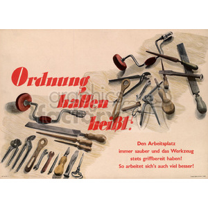 A clipart image featuring an assortment of old-fashioned woodworking tools such as bits, braces, chisels, and pliers, with German text promoting orderly workspaces.