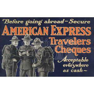 Vintage American Express advertisement showing three soldiers examining travel documents, promoting the use of travelers cheques for secure international travel.