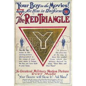 A vintage poster for 'The Red Triangle,' promoting a military motion picture featuring soldiers in uniform with a large Y symbol in the center, affiliated with YMCA.