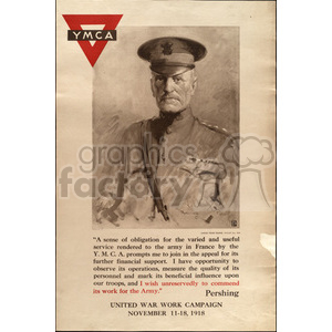 A vintage YMCA poster featuring a sepia-toned illustration of a military officer. The poster includes a quote supporting the YMCA's efforts and dates for the United War Work Campaign in November 1918.