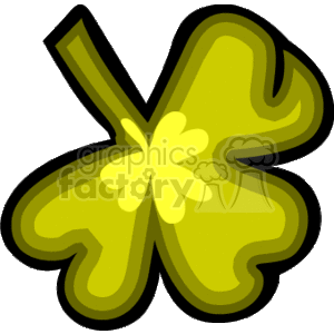 The image is a stylized illustration of a shamrock with a yellowish-green color and dark outlines giving it a three-dimensional appearance. The shamrock, a three-leaf clover, is often associated with St. Patrick's Day celebrations.