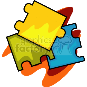 The image shows three interlocking puzzle pieces in bright colors: yellow, green, and blue. The puzzle pieces appear to be floating with dynamic red and orange shadows cast behind them, giving a sense of motion or levitation.