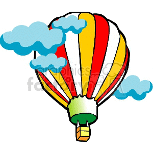 Red white and gold hot air balloon floating through the clouds