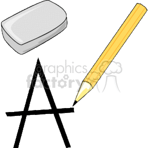 The clipart image displays a classic yellow pencil with the point touching a surface, creating a black line that forms the letter 'A.' The pencil is actively drawing the letter, as indicated by the small line as a trail from the lead. Next to the pencil, there's a white eraser, typically used for correcting mistakes made with a pencil.