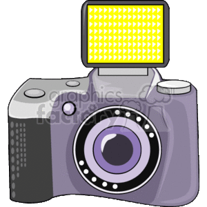 The clipart image shows a digital camera with an external flash mounted on the top. The camera is illustrated with a large lens in the center, control buttons on the top right, a grip on the right side, and a flash accessory attached to its hot shoe.