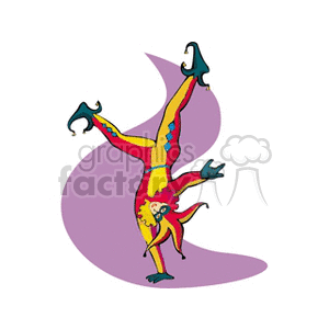 A colorful medieval jester performing a handstand with a playful expression, wearing a classic jester costume with bells.