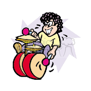 Cartoon illustration of a smiling boy energetically playing a drum set.