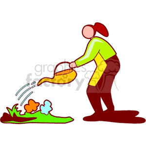 A Woman Watering a Flower Garden