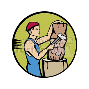 Clipart image of a wood carver using an axe to sculpt a piece of wood.