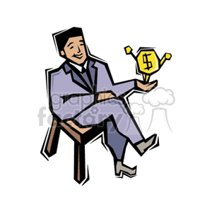 A cartoon-style illustration of a man in a business suit sitting on a chair, holding a dollar sign symbol in his hand.