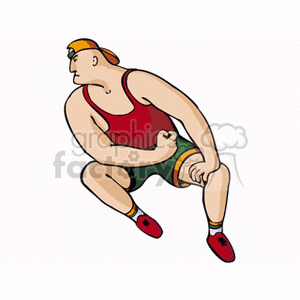 Clipart image of a wrestler in action, wearing a red tank top, green shorts, red shoes, and a yellow cap.