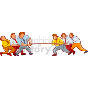 Illustration of two teams of people in business attire playing tug of war.