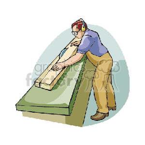 Clipart of a man sanding a piece of wood on a workbench.