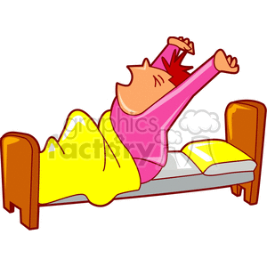 A cartoon illustration of a man yawning and stretching in bed, covered with a yellow blanket.