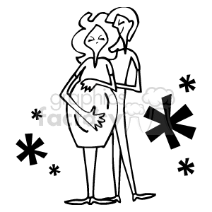 The clipart image exhibits a simple line drawing of a pregnant woman with her partner standing behind her, his hands lovingly placed on her belly. The woman is the focal point, with her pregnancy prominently depicted. The surrounding doodles resemble abstract, stylized flowers or perhaps snowflakes, adding a decorative element to the scene. There is an overall mood of anticipation and intimacy shared between the couple.