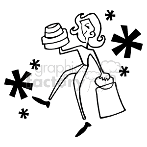 The clipart image features a stylized person shopping. They are holding a shopping bag in one hand and a hat in the other. There are star-like shapes around that could represent either the bustling atmosphere of shopping or perhaps a sale event at shops or stores. The person appears to be in motion as if walking briskly.