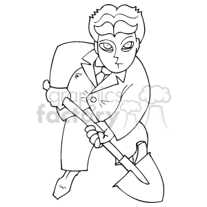 The image is a black and white line drawing of a person holding a spade. The person appears to be engaged in a gardening activity, has curly hair, and is dressed in what looks like a laboratorial or business attire, which includes a coat and trousers. They are gripping the handle of the spade with both hands, and the spade’s blade is in contact with the ground, indicating the person is about to use it or is in the middle of using it.