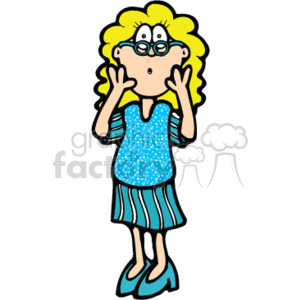 The image is a clipart representation of a cartoon woman who appears surprised or worried. She has curly blonde hair, is wearing glasses, a country-style teal dress with a floral pattern, and teal shoes. Her hands are placed on her cheeks and her mouth is open in an expression of shock or concern.