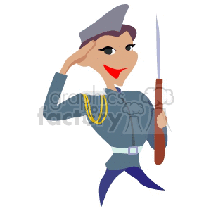 Clipart of a soldier saluting, dressed in a military uniform and holding a bayonet.