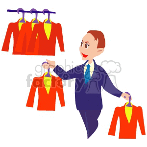 An illustration of a salesman in a suit assisting with the selection of clothing, holding a red jacket with a yellow shirt, with more jackets on hangers in the background.