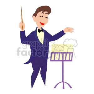 A playful clipart image of a music conductor in a purple suit with a baton.