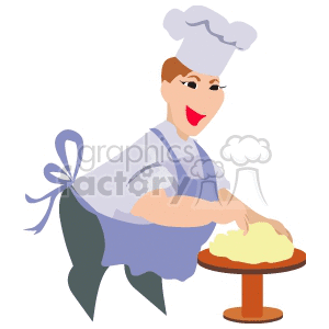 A cheerful chef wearing a hat and apron kneading dough on a table.