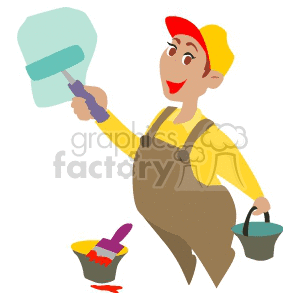 Cartoon Painter with Roller Brush and Paint Bucket