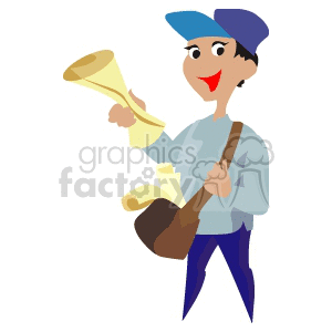 Clipart image of a cheerful paperboy holding newspapers with a satchel.