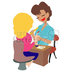 Clipart illustration of a beautician performing a manicure for a client at a spa. The scene includes the beautician painting and buffing nails.