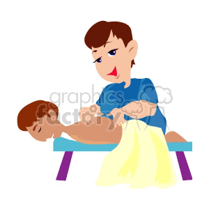 A clipart illustration of a masseuse giving a massage to a person lying on a massage table.