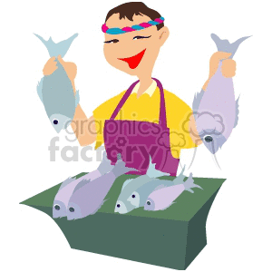 Animated image of a fishmonger holding fish at a fish market.