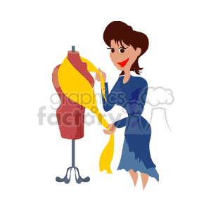 Clipart image of a seamstress working on a mannequin, pinning a yellow fabric.