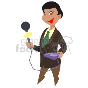 A cartoon illustration of a reporter holding a microphone and a recording device.