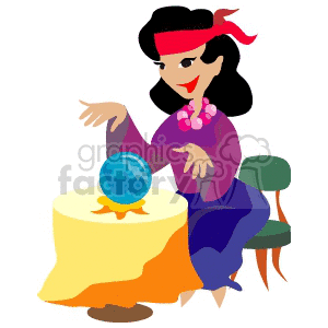 A cartoon illustration of a fortune teller sitting at a table with a crystal ball, depicting a mystical scene.