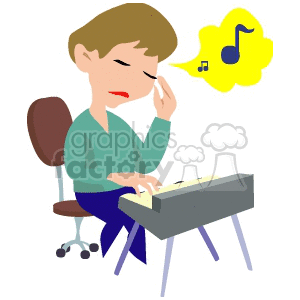 Clipart image of a person playing an electric keyboard with a thought bubble containing music notes.