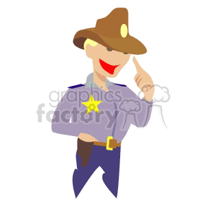 Clipart image of a cartoon sheriff wearing a cowboy hat and uniform with a star badge.