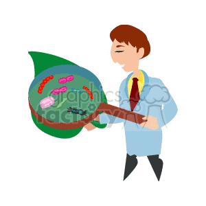 A clipart image of a scientist in a lab coat observing microorganisms through a magnifying glass.