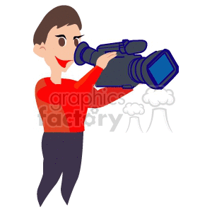 Clipart illustration of a person holding a video camera and filming, wearing a red shirt and dark pants.