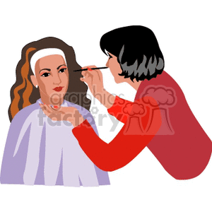 An illustration of a makeup artist applying makeup to a woman's face. The makeup artist is holding a brush, and the woman is sitting with a cape around her shoulders, likely in a beauty salon.