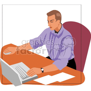 A Man with a Purple Shirt Sitting at a Desk Working on a Laptop 