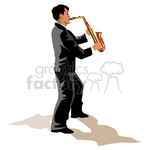 A Man in a Dark Suit Standing and Playing a Saxophone