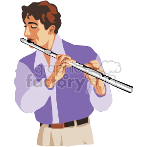 An illustration of a man playing a flute. The man is dressed in a purple shirt and beige pants, focused on his performance.