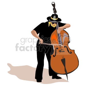 A clipart image of a musician wearing a hat and sunglasses, playing a double bass.