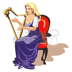 This clipart image depicts a woman in a purple dress playing a harp while seated on a red chair.