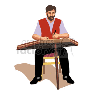 A clipart image of a man with a beard sitting on a chair and playing a musical instrument, possibly a xylophone.