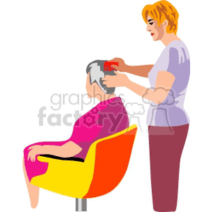 A clipart image of a hairdresser combing the hair of an elderly woman sitting in a salon chair.