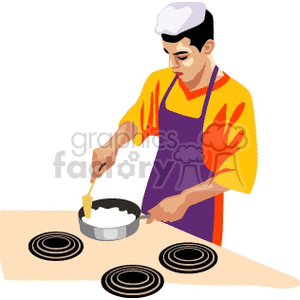 Clipart image of a person cooking on a stovetop. The person is wearing a white chef's hat, a yellow and red shirt, and a purple apron, and is stirring a pot with a spatula.