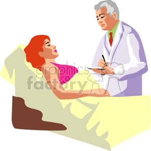 A clipart image of a doctor in a white coat with a clipboard examining a female patient lying in a bed. The woman has red hair and is wearing a pink top, while the doctor has grey hair and wears a purple shirt with a green tie.